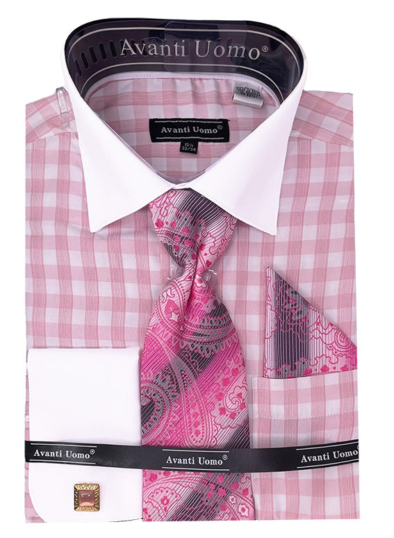 Men's Contrast Collar French Cuff Checkered Plaid Dress Shirt Set in P –  SignatureMenswear