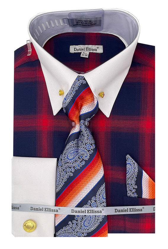 Men's Flannel Plaid Pattern Contrast Collar Dress Shirt & Tie Set in Red 16 34/35 / Red Men's Flannel Plaid Pattern Contrast Collar Dress Shirt & Tie Set in Red 16 34/35 / Red