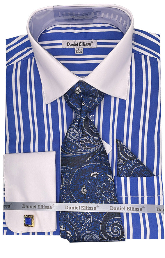 Men's White Collar & French Cuff Double Stripe Dress Shirt in Royal Blue 15 33/34 / Royal Blue Men's White Collar & French Cuff Double Stripe Dress Shirt in Royal Blue 15 33/34 / Royal Blue