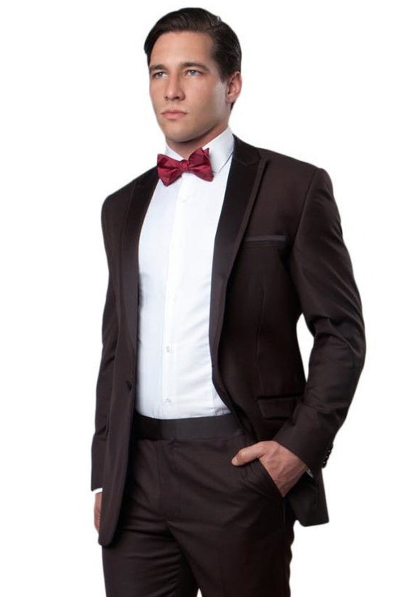 Men's Slim Fit One Button Satin Trim Peak Lapel Prom & Wedding Tuxedo in Brown 50 Long / Brown