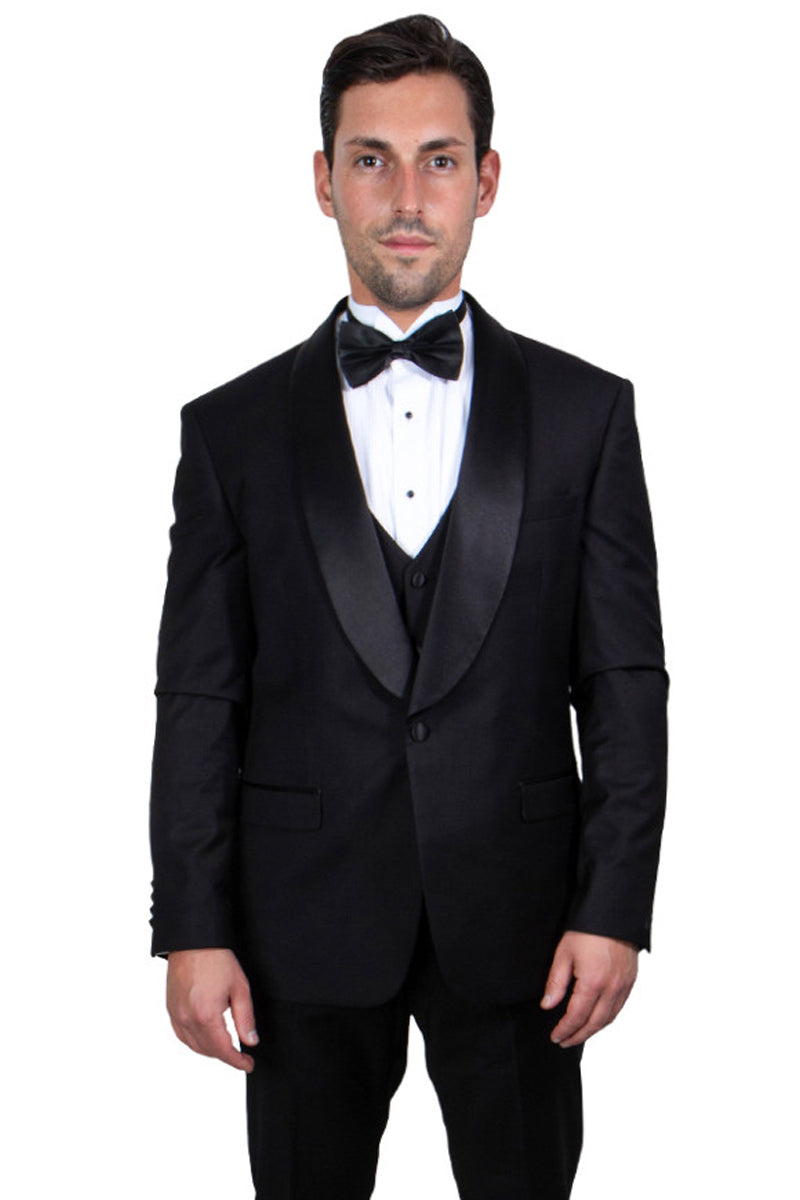 Men's Stacy Adams Vested One Button Shawl Lapel Tuxedo in Black