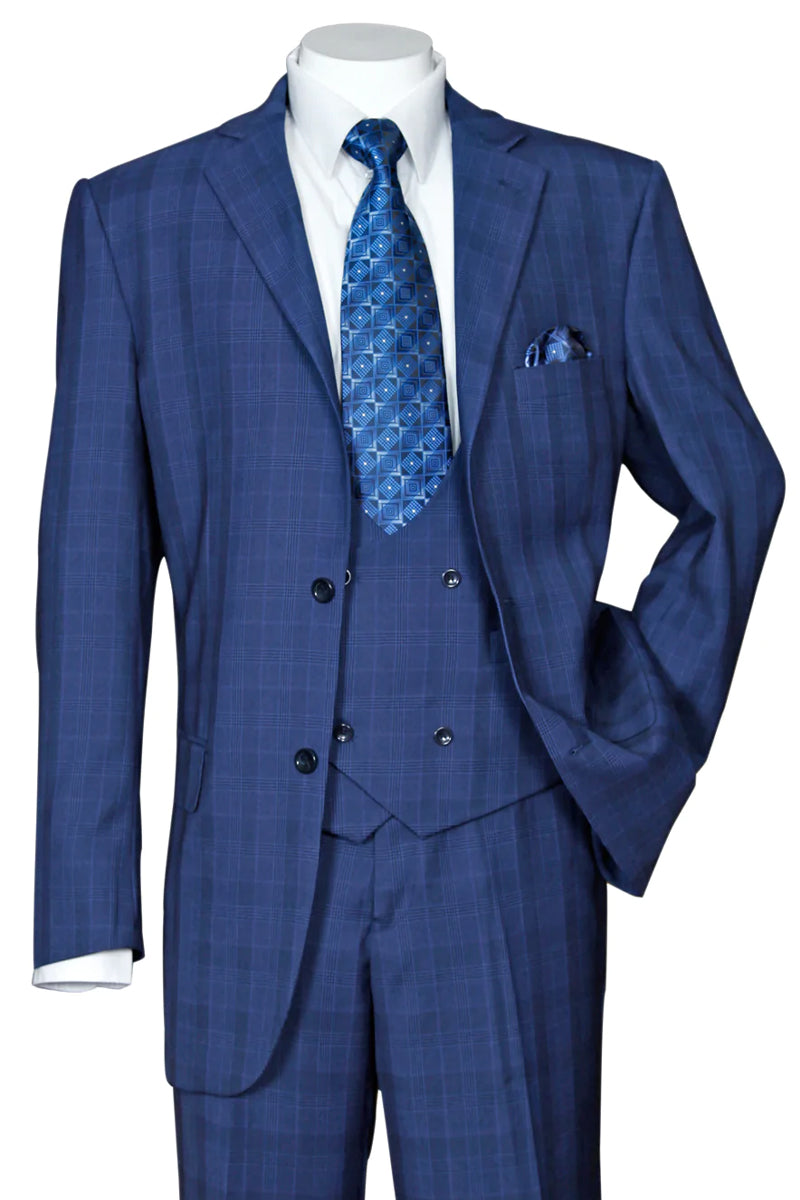 Mens Double Breasted Bold Windowpane Suit in Medium Grey