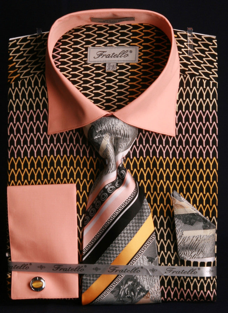 Men's Spread Collar Arch Pattern French Cuff Shirt & Tie Combo in Black & Gold, 18 34/35 / Black/Gold Men's Spread Collar Arch Pattern French Cuff Shirt & Tie Combo in Black & Gold, 18 34/35 / Black/Gold