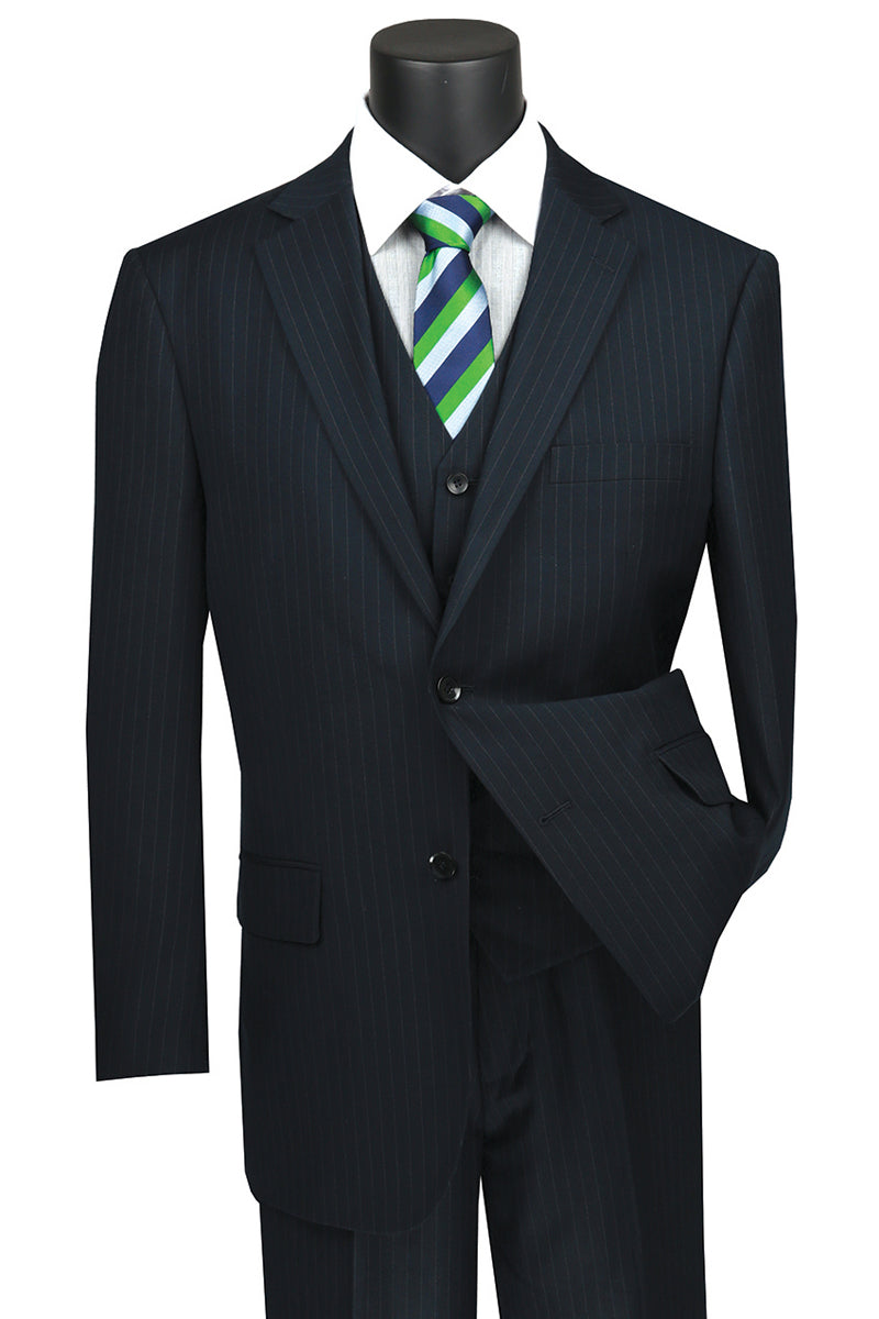 Mens Classic Fit Vested Banker Pinstripe Suit in Navy Blue