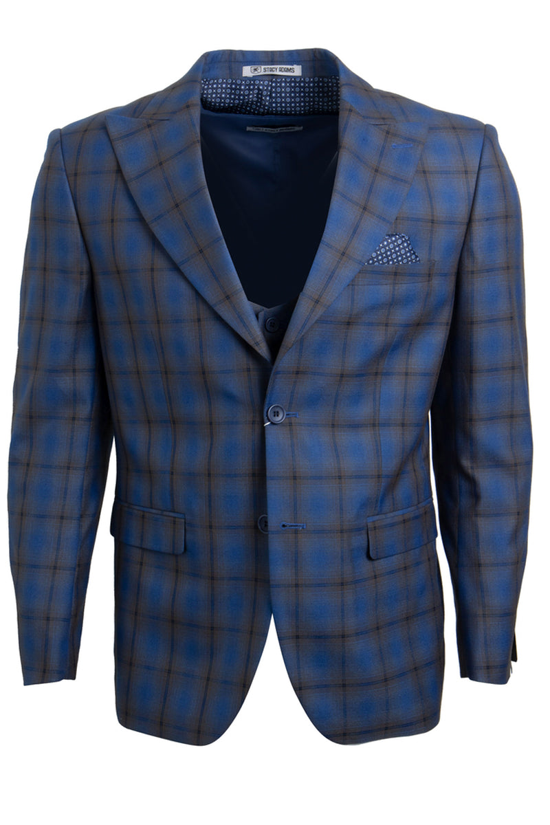 Athletic Suit - Classic Fit Charcoal Grey Windowpane - Plaid Suit Classic Fit Wide Leg Pleated Pants Super 150's Wool Fabric - 100% Percent Wool Fabric Suit - Worsted Wool Business Suit