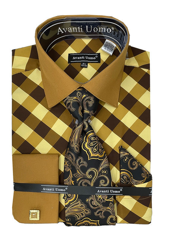 Men's Contrast Collar French Cuff Check Dress Shirt Set in Brown, 15 33/34 / Brown Men's Contrast Collar French Cuff Check Dress Shirt Set in Brown, 15 33/34 / Brown