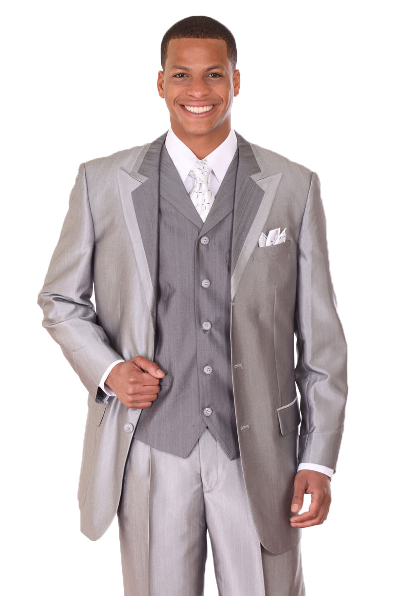 Mens Three Piece Suit - Vested Suit Mens  Vested 3 Piece Grey Sharkskin Suit main image 0