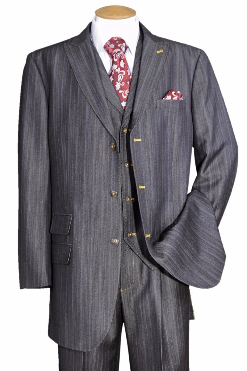 Men'S Peak Lapel Vested 3 Piece Ticket Pocket - Dark Blue Suit Color