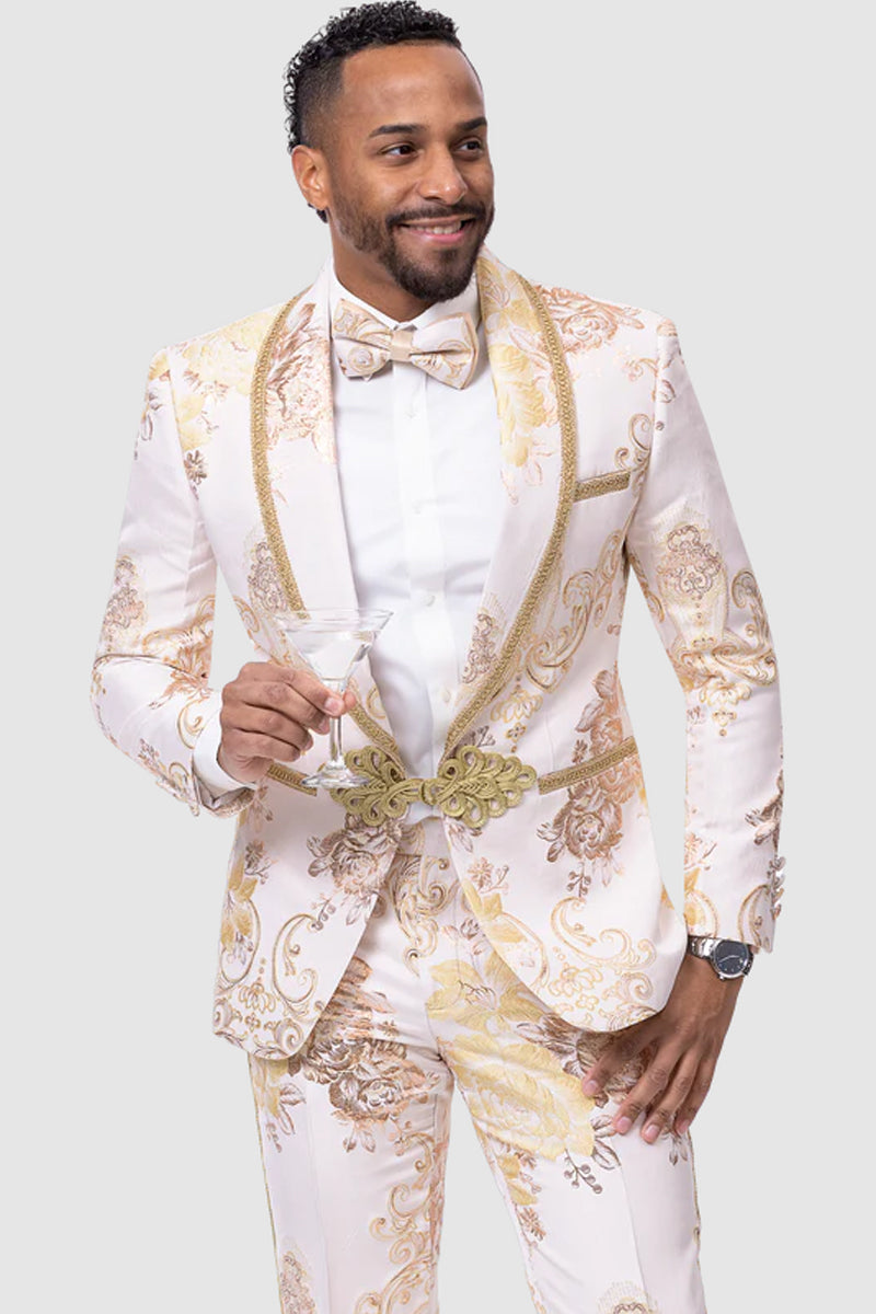 Mens White Gold Paisley Prom Wedding Tuxedo