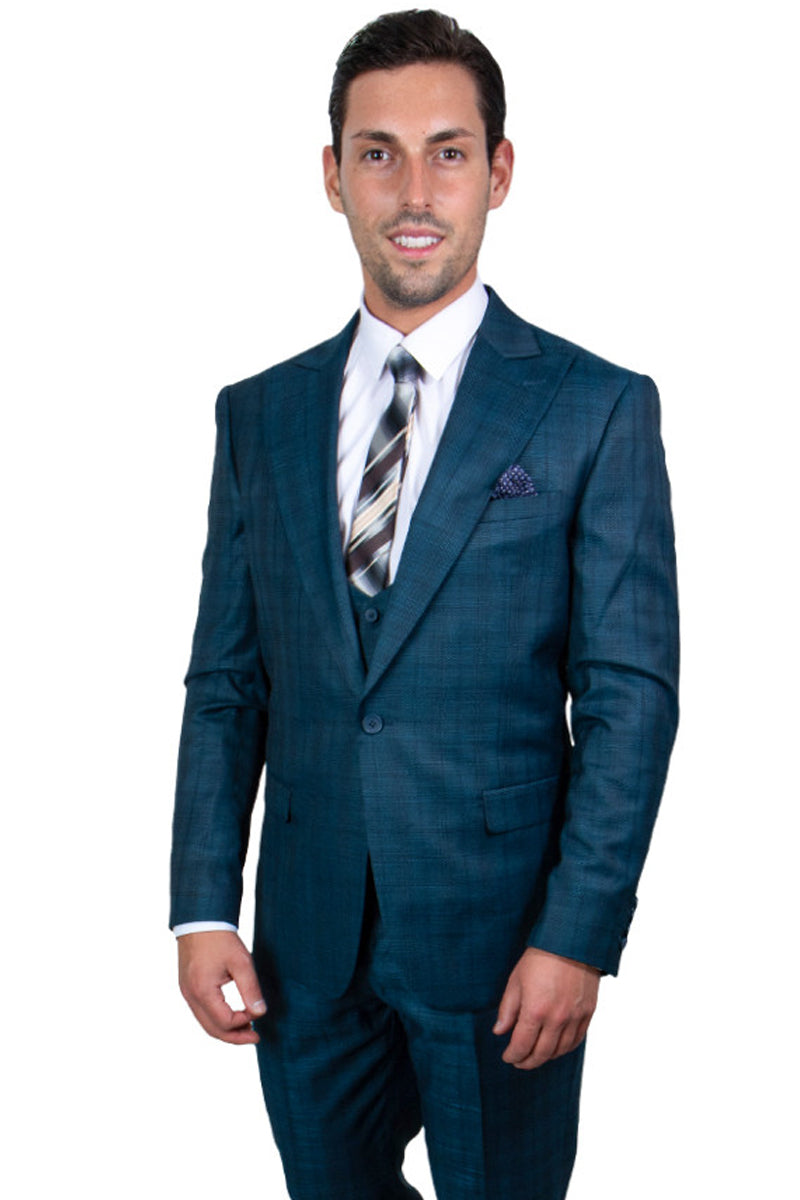 Men's Stacy Adam's One Button Vested Peak Lapel Business Suit in Charcoal Grey Plaid