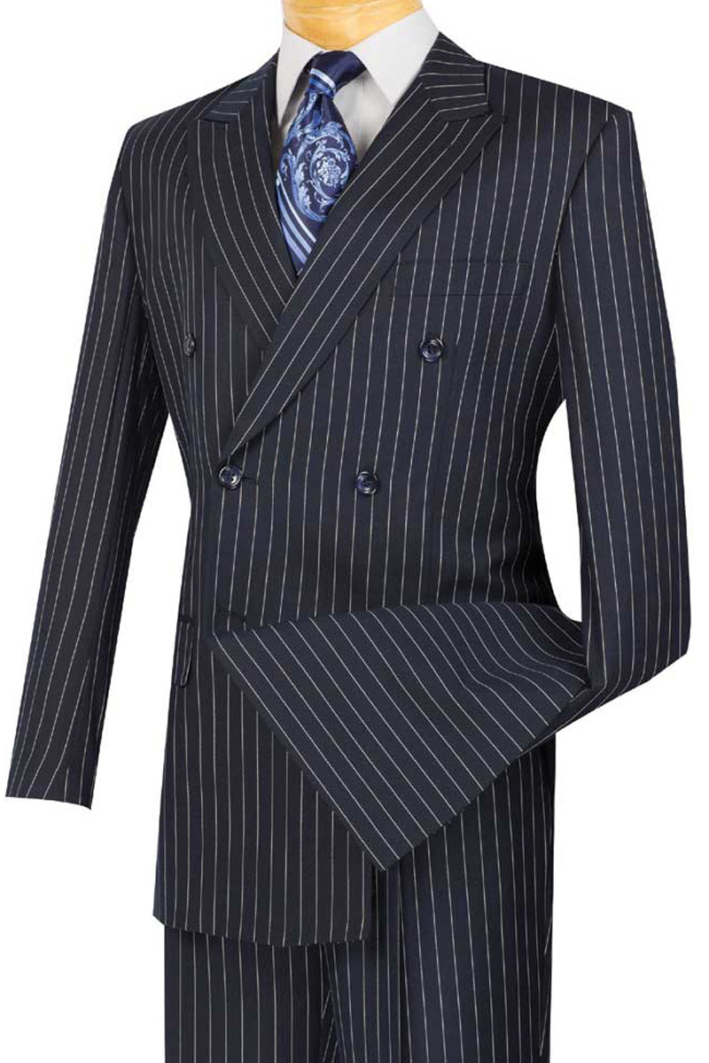 Classic Gangster Jet Black And White Pinstripe Double Breasted Suits Fashion Suits main image 1