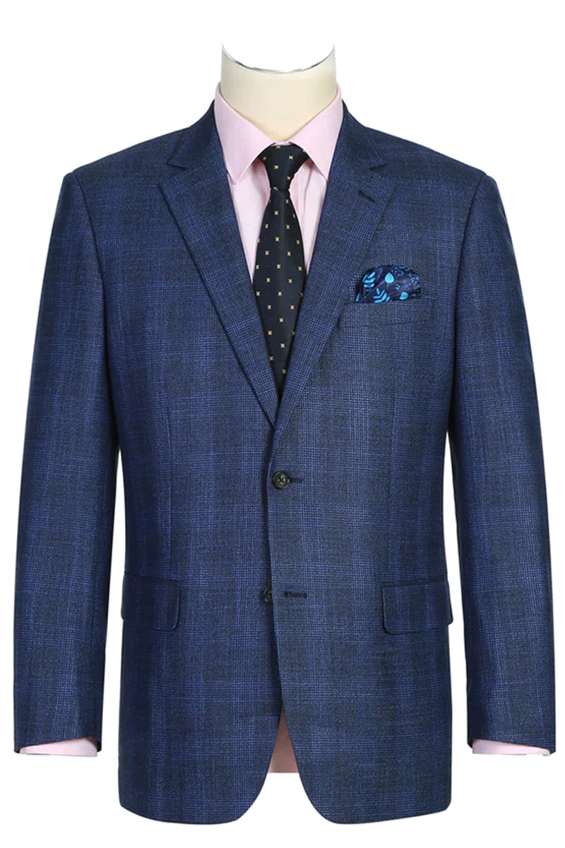 Mens 2 button Windowpane Blazer with Solid Sleeves in Navy