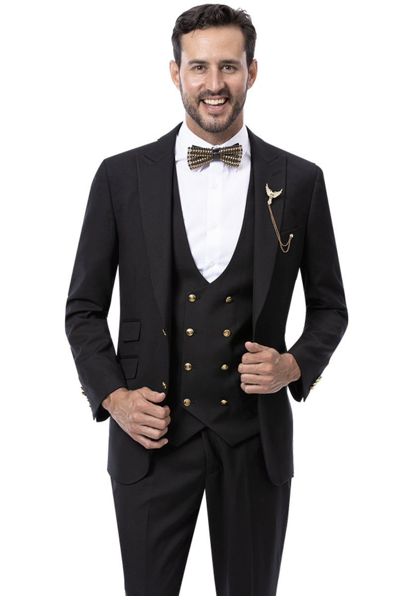 Mens Modern Two Button Vested Peak Lapel Suit with Double Breasted Vest & Gold Buttons in Black 42 Regular / Black Mens Modern Two Button Vested Peak Lapel Suit with Double Breasted Vest & Gold Buttons in Black 42 Regular / Black