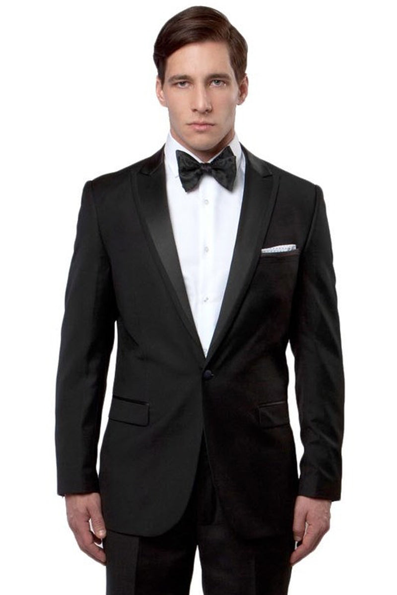 Men's Slim Fit One Button Satin Trim Peak Lapel Prom & Wedding Tuxedo