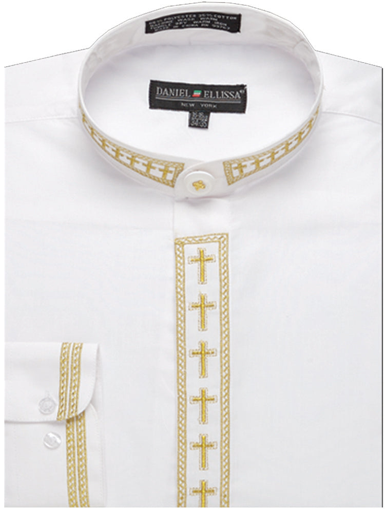 Men's Cross Embroidered Banded Collar Dress Clergy Shirt in White & Gold 20 36/37 / White/Gold Men's Cross Embroidered Banded Collar Dress Clergy Shirt in White & Gold 20 36/37 / White/Gold