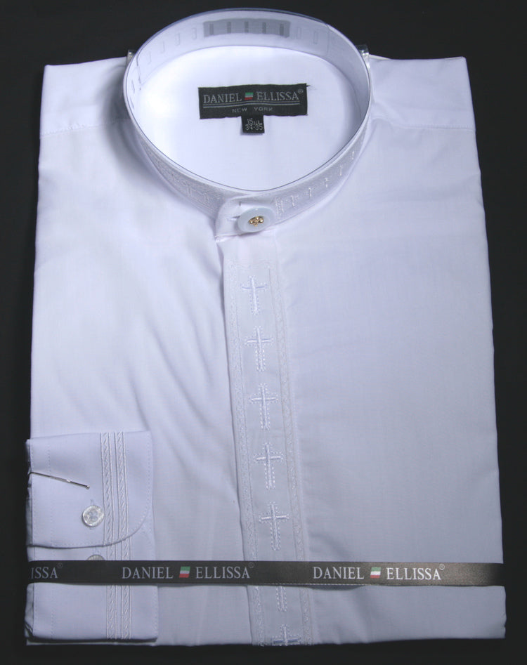 Men's Cross Embroidered Banded Collar Dress Clergy Shirt in White, 18 36/37 / White Men's Cross Embroidered Banded Collar Dress Clergy Shirt in White, 18 36/37 / White