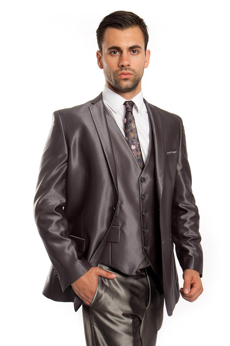 Men's Two Button Vested Shiny Sharkskin Wedding Prom Fashion