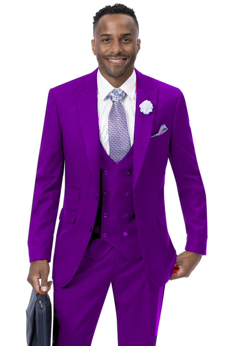 Mens Modern Two Button Vested Peak Lapel Suit with Double Breasted Vest in Purple, 60 Regular / Purple