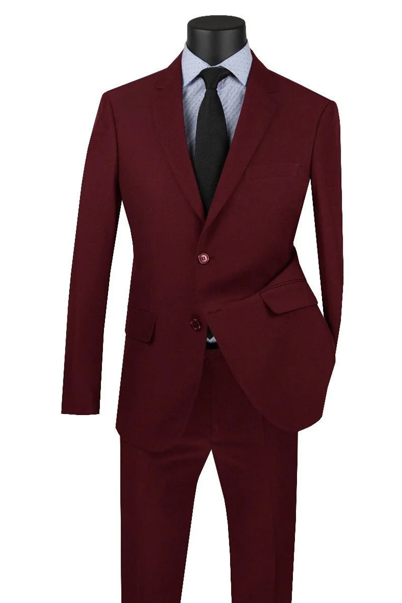 Mens Two Button Modern Fit Poplin Suit in Burgundy 44 Long / Burgundy