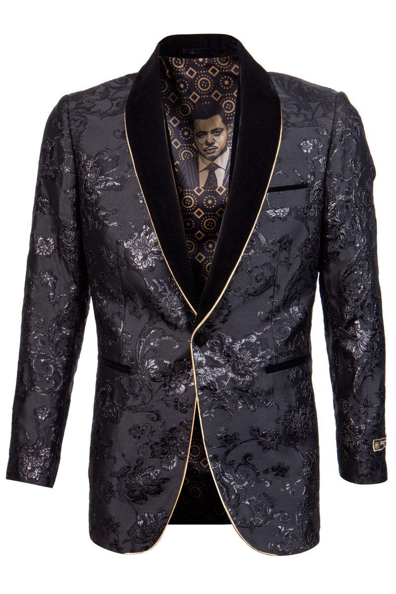 Men's One Button Peak Lapel Wedding & Prom Tuxedo Jacket in Black, Silver, & Gold Paisley