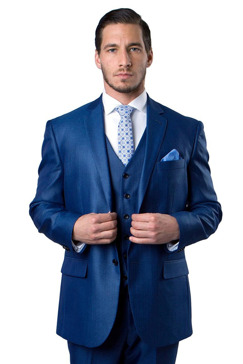 Graduation Suit - Men's Two Button Vested Shiny Sharkskin Wedding & Prom Fashion Suit in Navy Blue