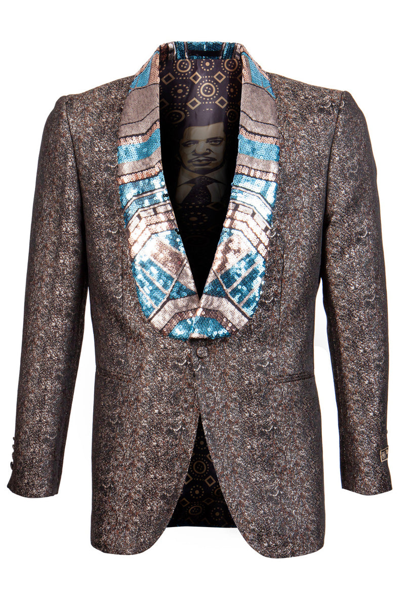 Men's Geometric Print Tuxedo Jacket with Square Shawl Lapel in Black & Gold main image 1