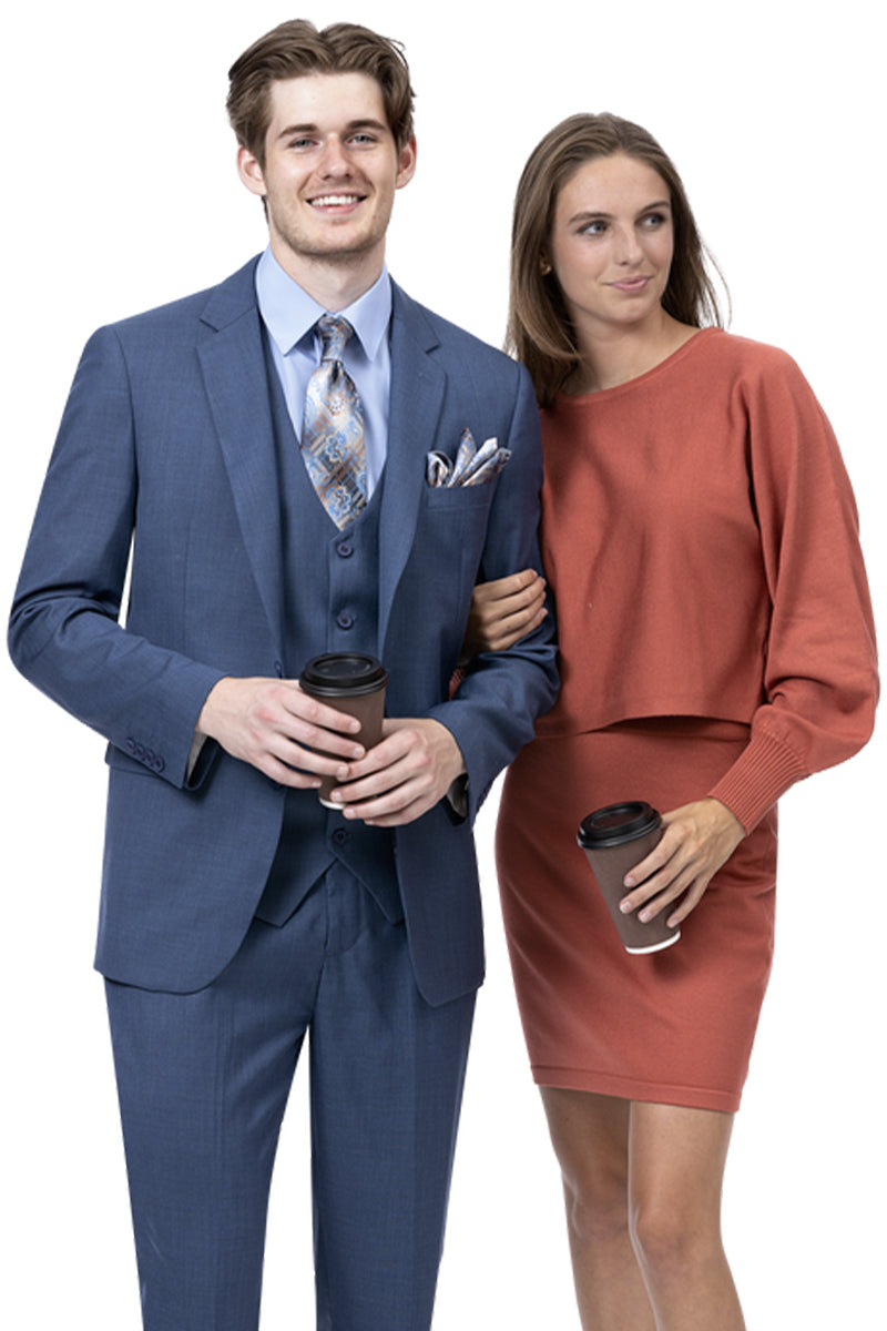 Men's Designer Wool Vested Modern Fit Sharkskin Suit in Brown