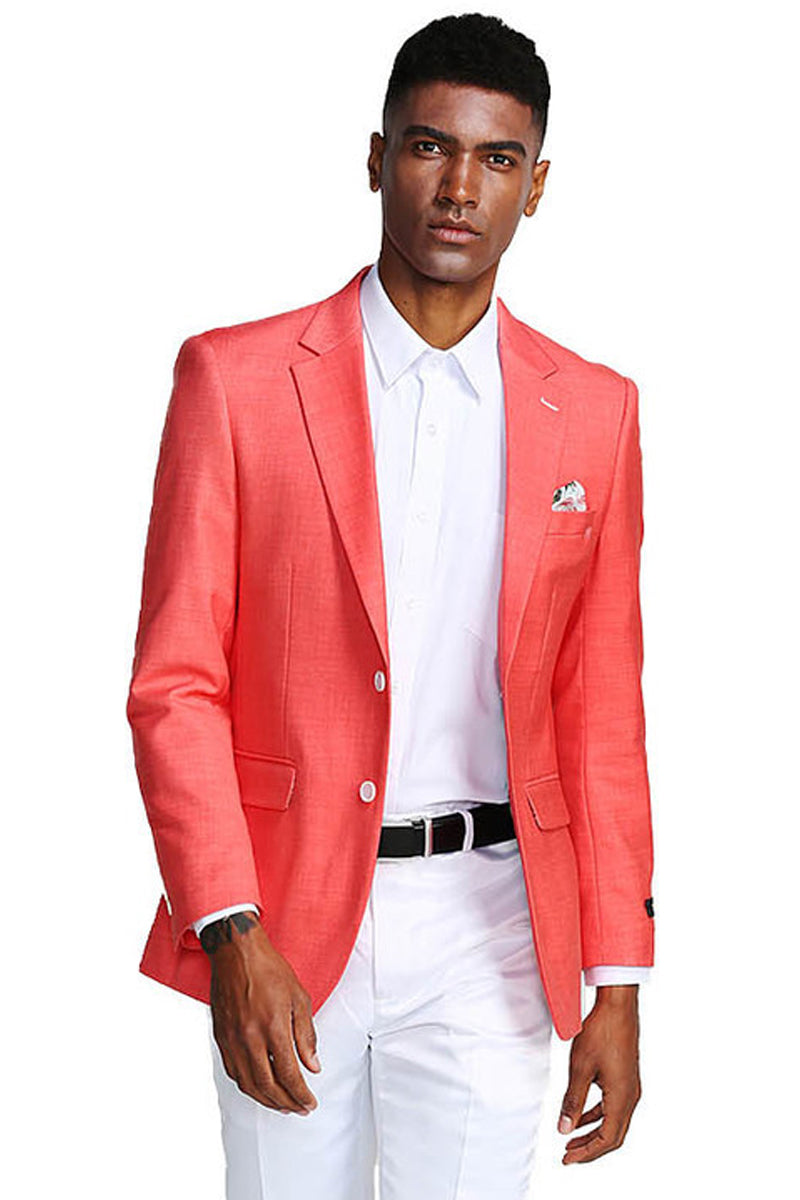 Men's Two Button Slim Fit Linen Style Summer Blazer in Salmon Pink X-Small / Salmon