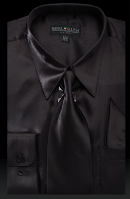 Men's Regular Fit Shiny Satin Dress Shirt, Tie & Pocket Square Set in Black, 22 37/38 / Black Men's Regular Fit Shiny Satin Dress Shirt, Tie & Pocket Square Set in Black, 22 37/38 / Black