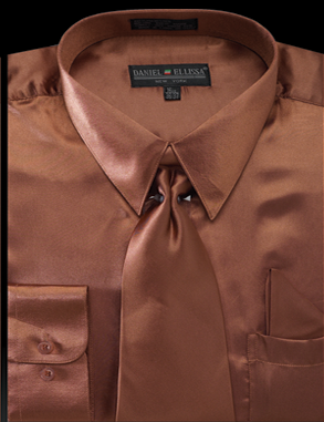 satin dress shirt mens Men's Regular Fit Shiny Satin Dress Shirt, Tie & Pocket Square Set in Copper 18½ 36/37 / Copper