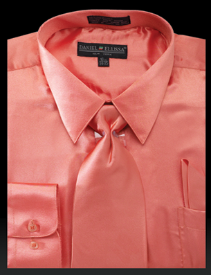fitted lace wedding dress Men's Regular Fit Shiny Satin Dress Shirt, Tie & Pocket Square Set in Corral 17½ 36/37 / Coral