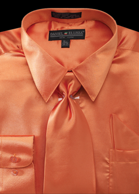 Men's Regular Fit Shiny Satin Dress Shirt, Tie & Pocket Square Set in Orange 15½ 34/35 / Orange