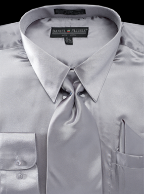 Men's Regular Fit Shiny Satin Dress Shirt, Tie & Pocket Square Set in Grey 15 32/33 / Grey Men's Regular Fit Shiny Satin Dress Shirt, Tie & Pocket Square Set in Grey 15 32/33 / Grey