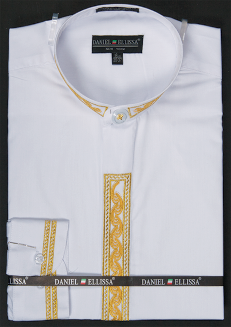 Men's Regular Fit Banded Collar Dress Shirt in White with Gold Wave Embroidery 18 34/35 / White/Gold Men's Regular Fit Banded Collar Dress Shirt in White with Gold Wave Embroidery 18 34/35 / White/Gold