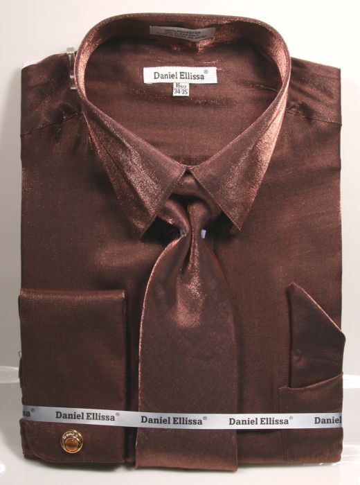 Men's Shiny Metallic Velvet Dress Shirt & Tie Set in Brown, 17 34/35 / Brown Men's Shiny Metallic Velvet Dress Shirt & Tie Set in Brown, 17 34/35 / Brown