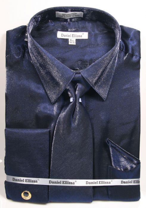 Men's Shiny Metallic Velvet Dress Shirt & Tie Set in Navy Men's Shiny Metallic Velvet Dress Shirt & Tie Set in Navy