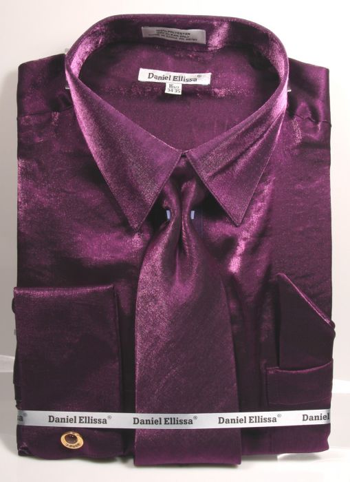 Men's Shiny Metallic Velvet Dress Shirt & Tie Set in Purple 22½ 37/38 / Purple