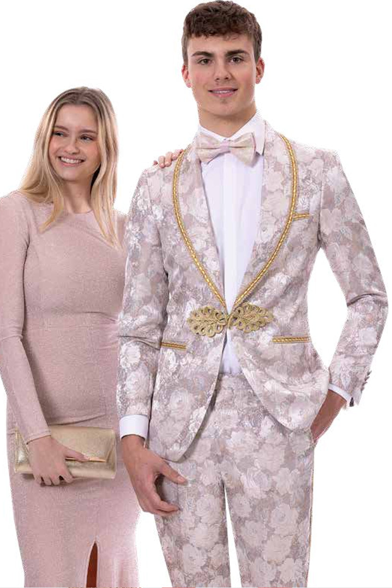 Mens Slim Fit Paisley Pattern Smoking Jacket and Wedding Tuxedo in Ivory and Burgundy