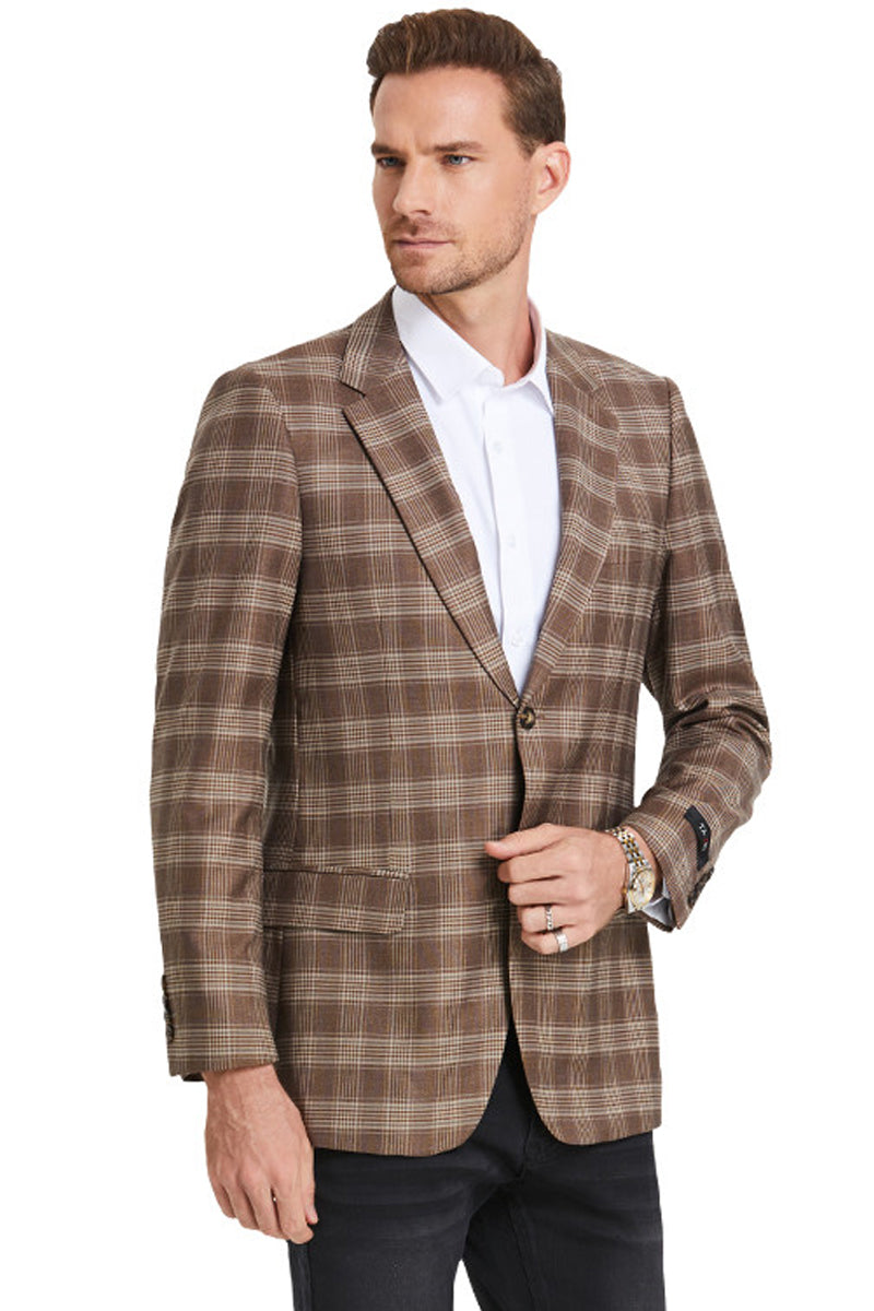 Men's Slim Fit Business Casual Light Brown Glen Plaid Sport Coat X-Small / Camel Men's Slim Fit Business Casual Light Brown Glen Plaid Sport Coat X-Small / Camel