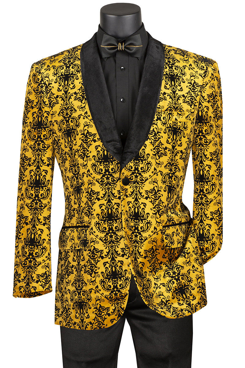 Mens Jaquard Pattern Prom Dinner Jacket with Velvet Shawl Lapel in Gol SignatureMenswear