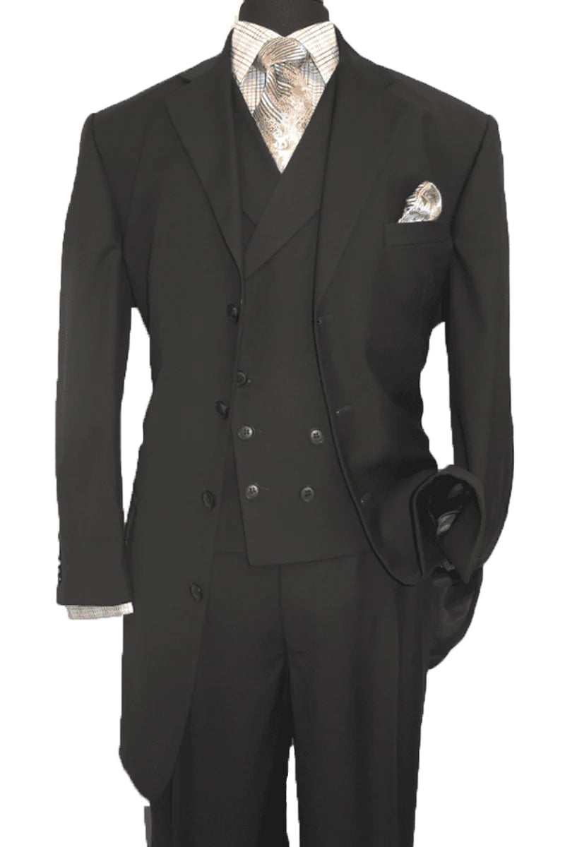 Mens Button Fashion Suit with Double Breasted Vest in Black
