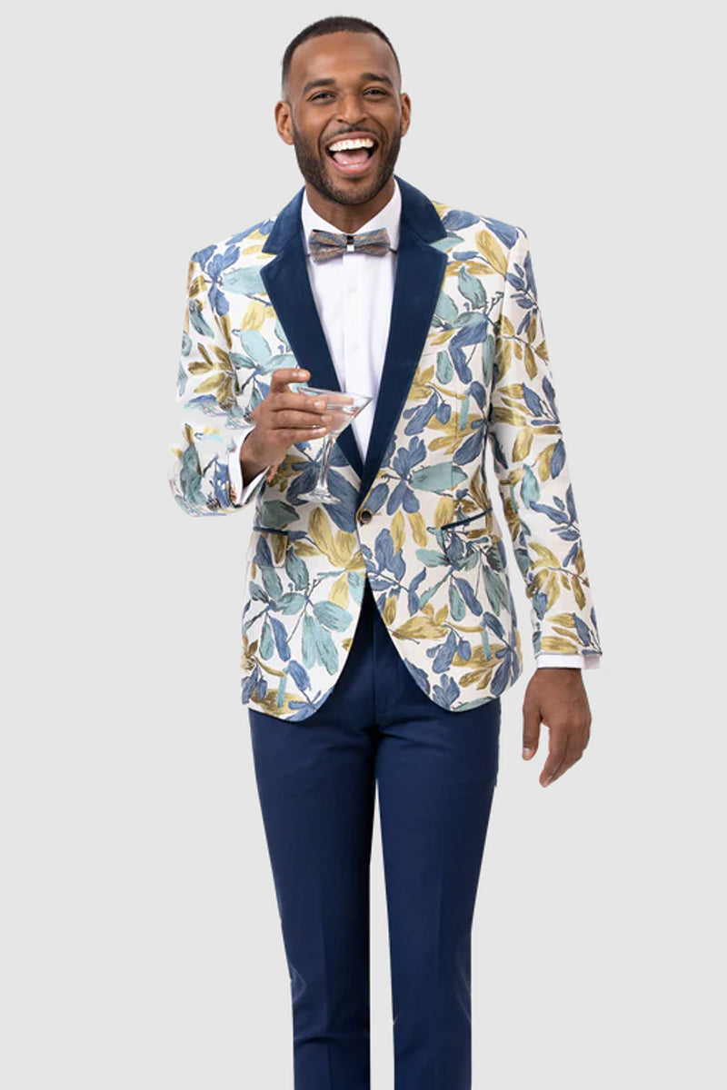 Mens One Button Floral Pattern Tuxedo Dinner Jacket with Navy