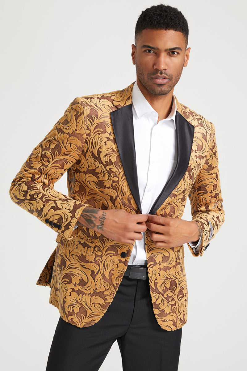 Men's Stacy Adam's Paisley Velvet Prom & Wedding Tuxedo Jacket in Gold, 2XL / Gold Men's Stacy Adam's Paisley Velvet Prom & Wedding Tuxedo Jacket in Gold, 2XL / Gold