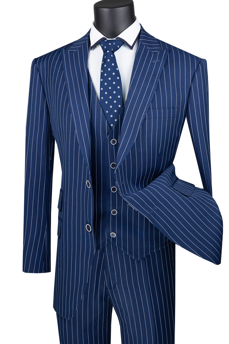 Mens Vested Bold Gangster Pinstripe Suit in Navy Blue Mens Vested Bold Gangster Pinstripe Suit in Navy Blue