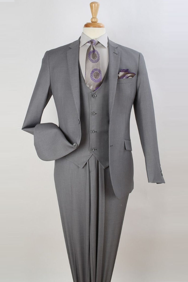 Men's 3 Piece Light Grey Notch Collar Double Vent Slim Fit Vested Suit