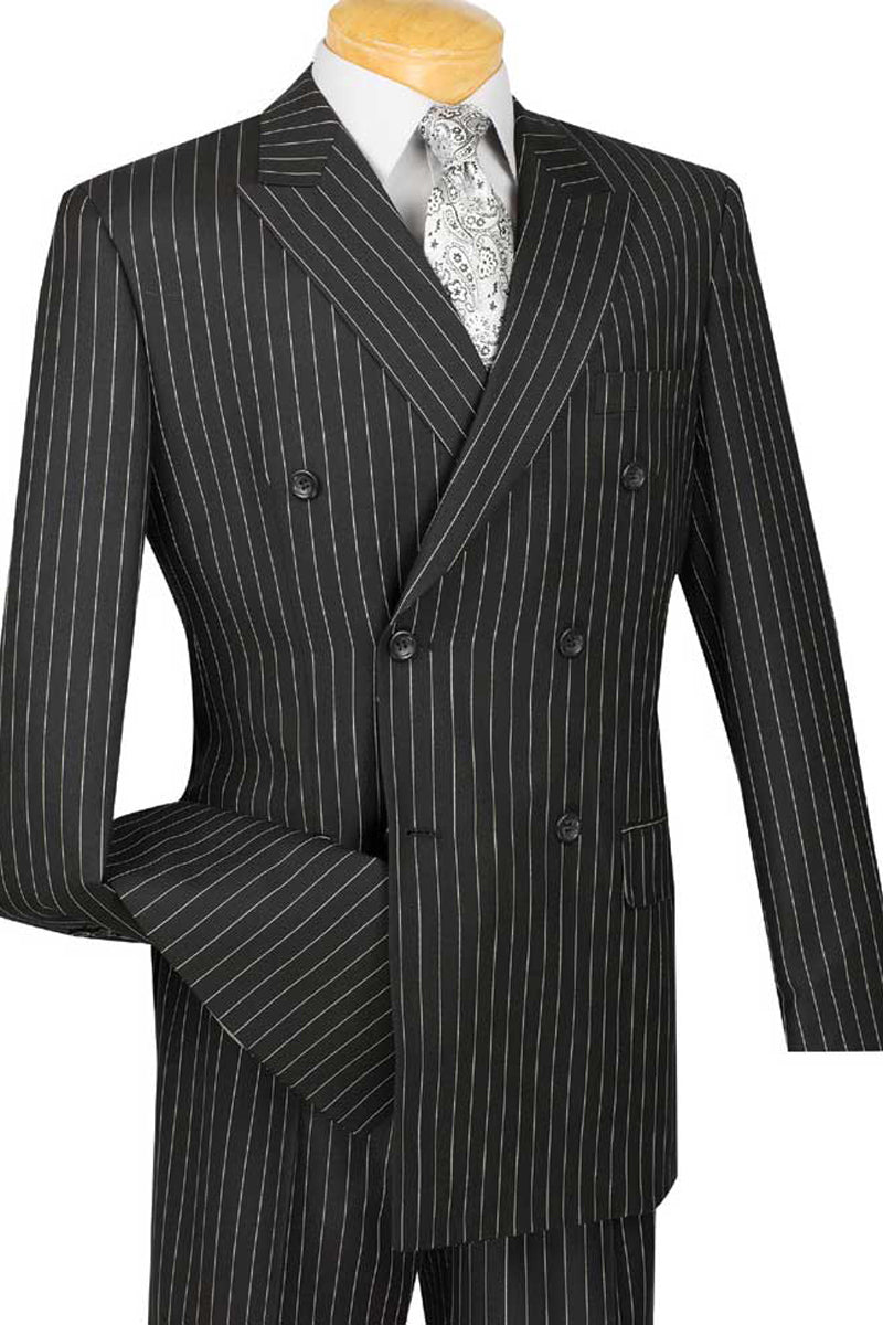 Men's Designer Double Breasted Wool Suit in Bold Navy Blue Gangster Pinstripe. main image 0