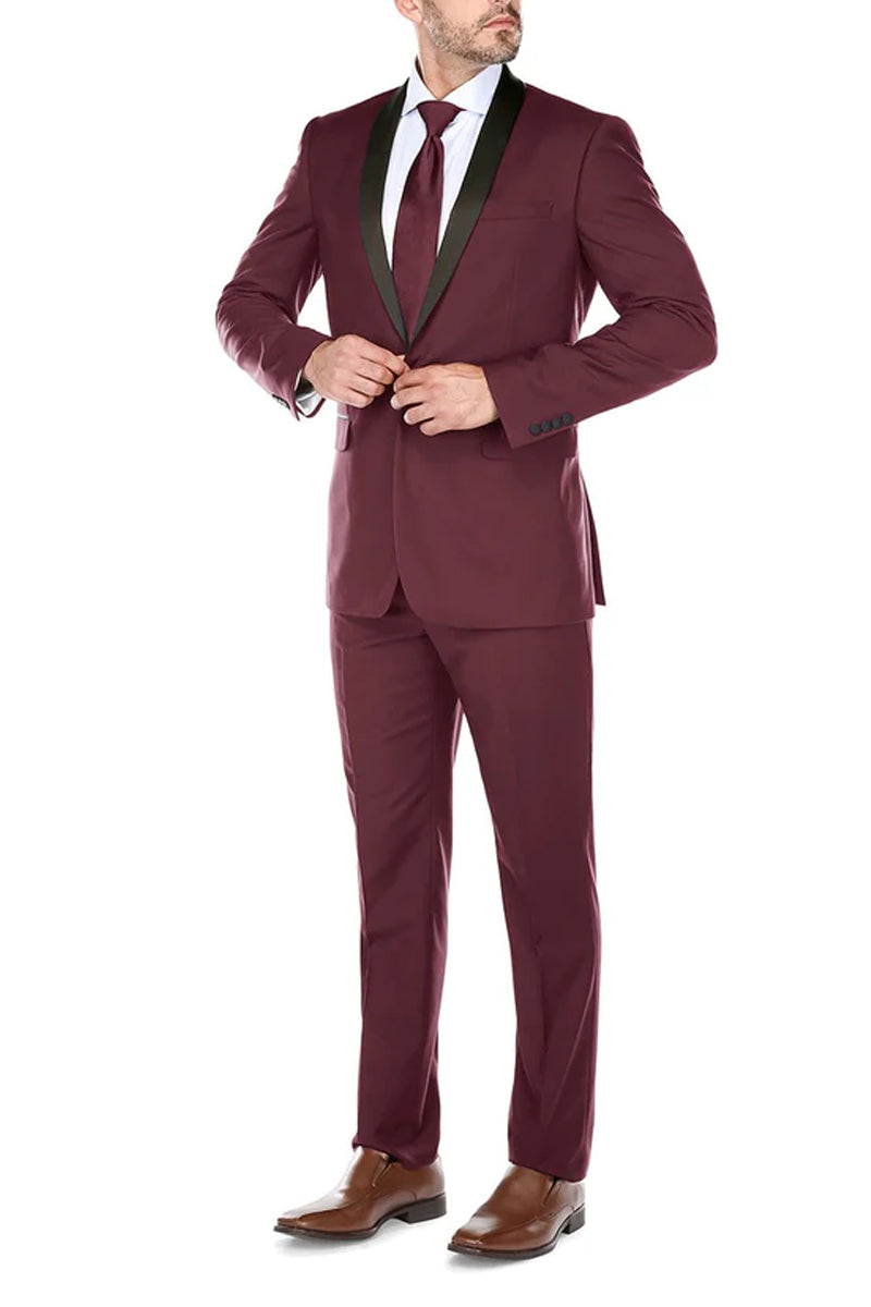 Master Collection - Regular Fit Men's 2 Piece Banded Collar Tuxedo Burgundy