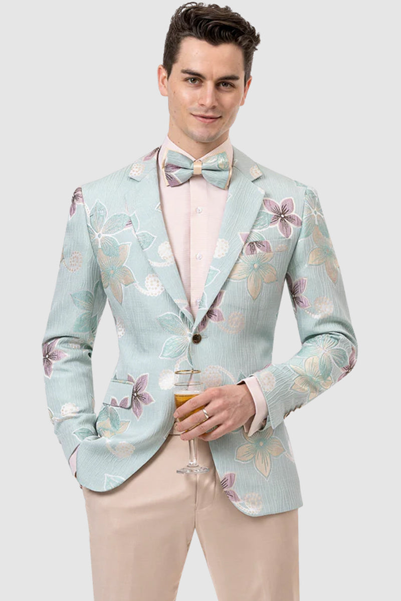 Mens One Button fashion Flower Print Blazer in Aqua Teal Blue