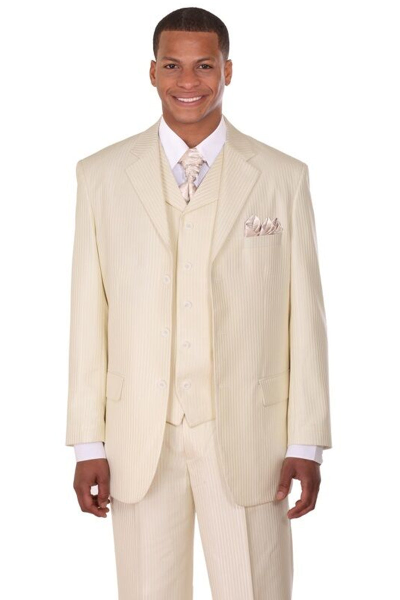 Mens 3 Button Vested Shiny Sharkskin Narrow Pinstripe Suit In Ivory Cr 