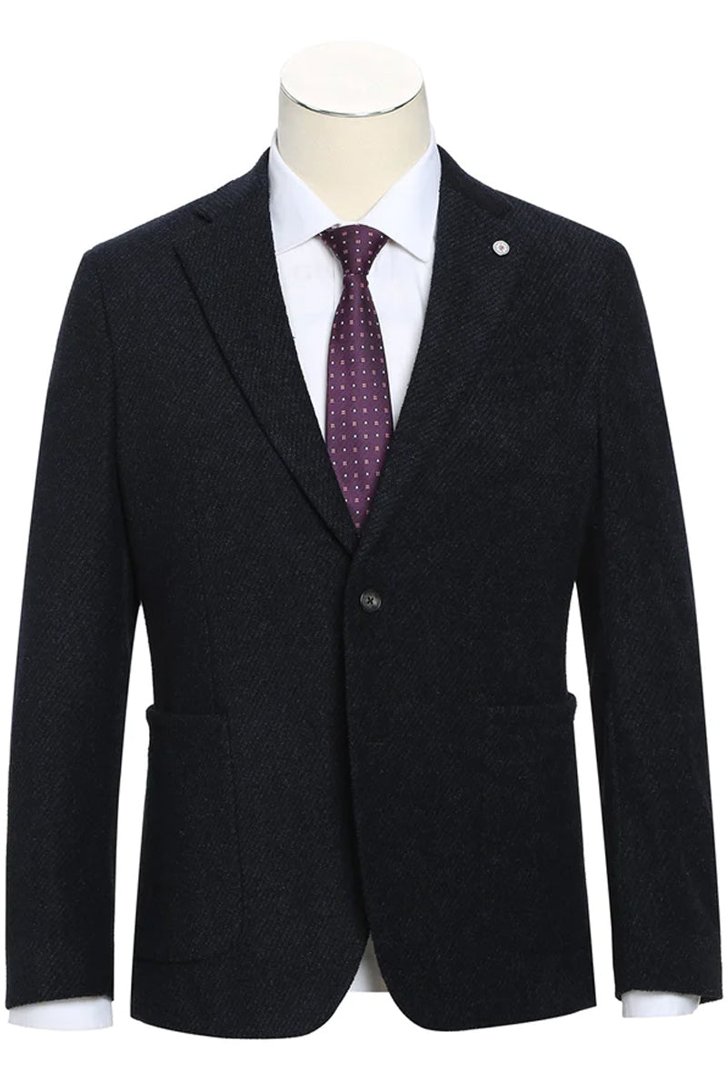 Men's Modern Fit Wool & Cashmere Patch Pocket Sport Coat Blazer in Black Windowpane Plaid